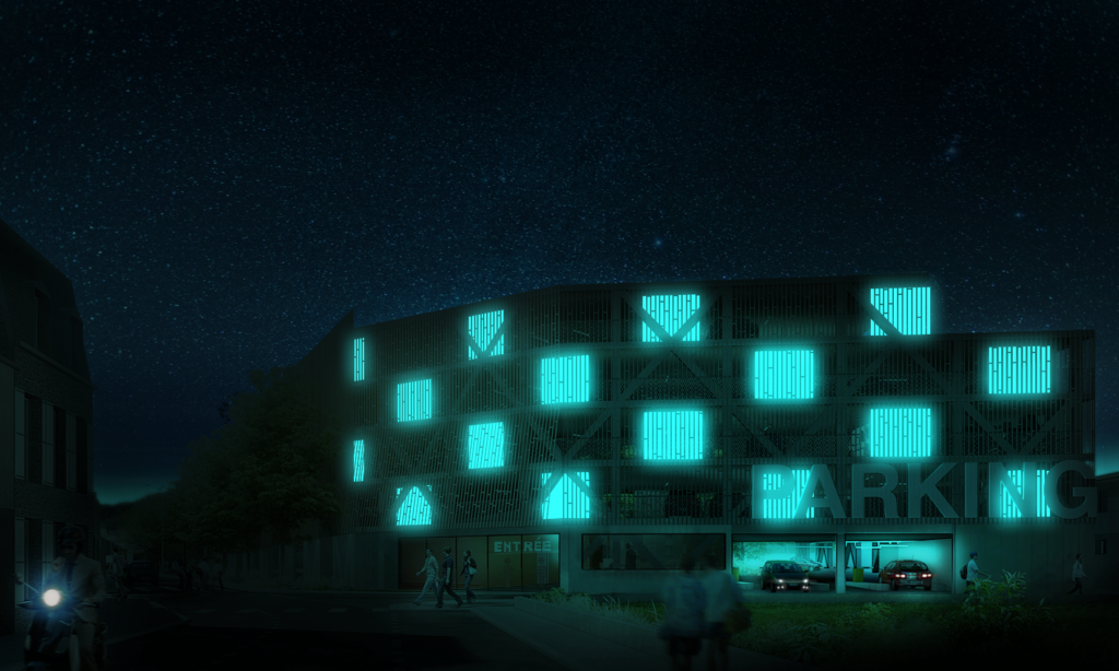 Parking external facade lights up with bioluminescence