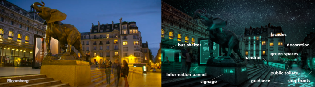 all the different elements of a city that could be light up with bioluminescence: bus shelter, inforamtion panel, signage, guidance pathway, shopfronts, public toilets, green spaces, facades, decoration, handrail stairs