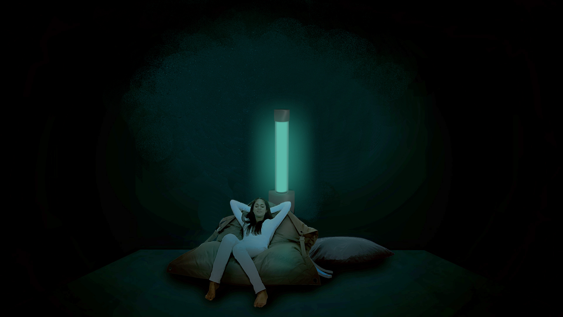 Basic glowzen space with bioluminescent lamp with girl sitting in sofa