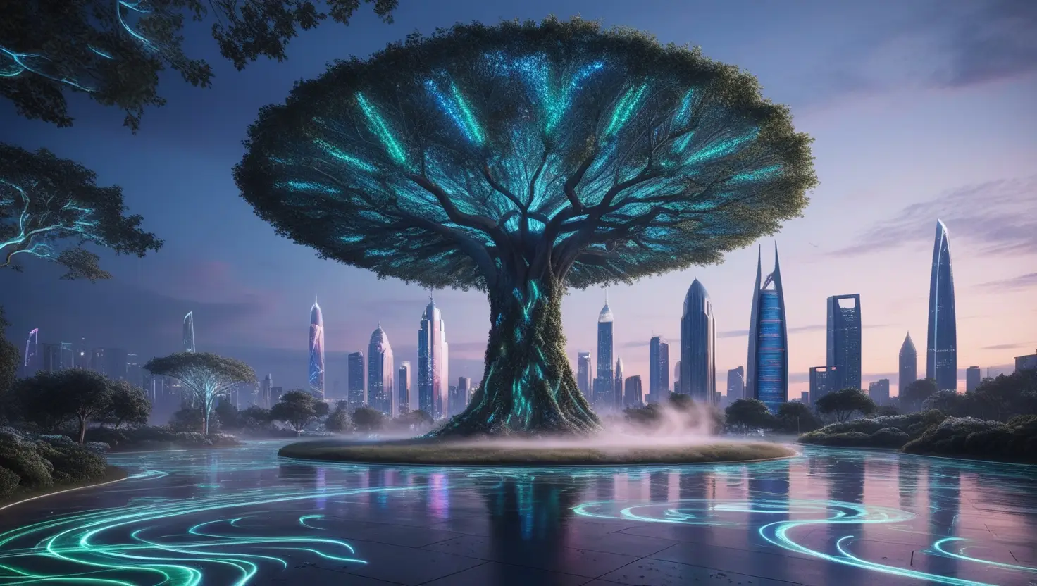 Glowing bioluminescent avatar-like tree with city scape in the background